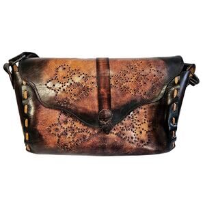 Wabags Tooled Leather Shoulder Bag 100% Leather Brown Distressed Western Cowgirl